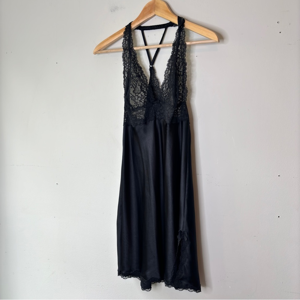 Vicoria's Secret Black Satin‎ Lace Slip Dress Babydoll Lingerie Nightgown Size M - Picture 2 of 11